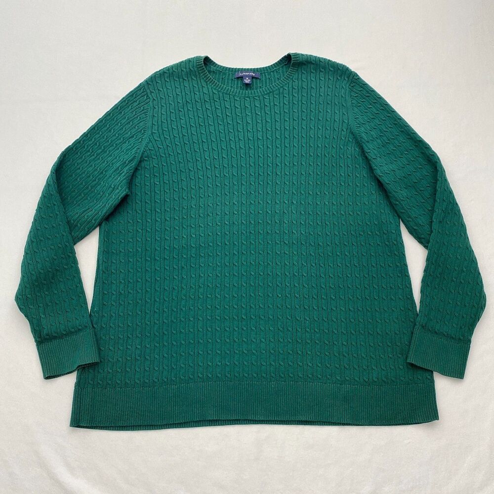 Lands End Cable Knit Sweater Green Cotton Knit Pullover Preppy Classic Size 1X - Picture 4 of 10
